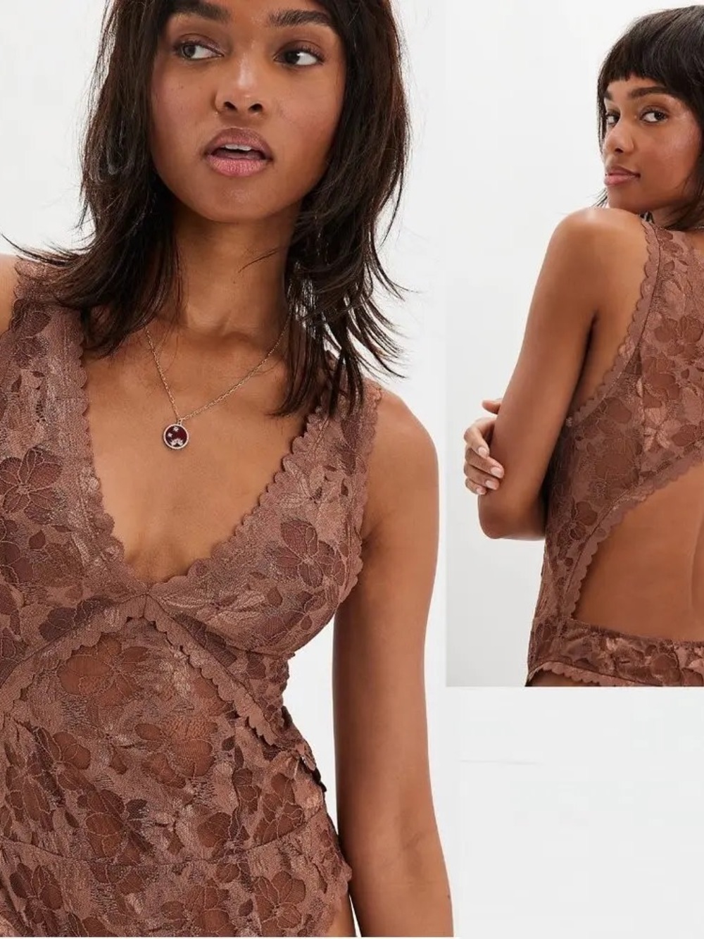 Floral Lace V-Neck Chemise in Chocolate